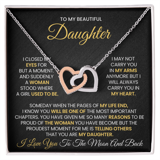 To My Beautiful Daughter - I Love You To The Moon And Back -Interlocking Hearts Necklace