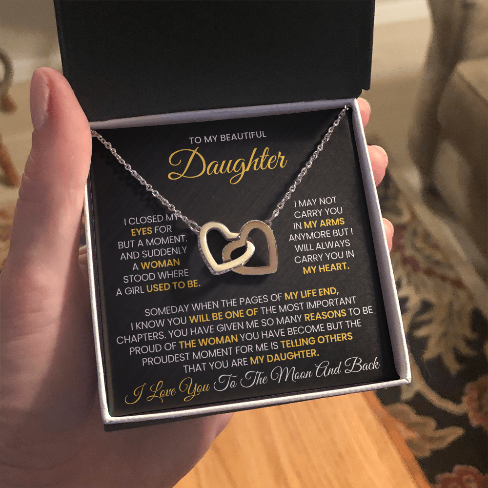 To My Beautiful Daughter - I Love You To The Moon And Back -Interlocking Hearts Necklace