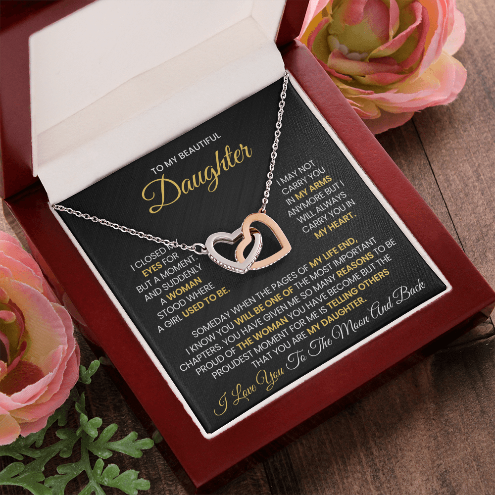 To My Beautiful Daughter - I Love You To The Moon And Back -Interlocking Hearts Necklace