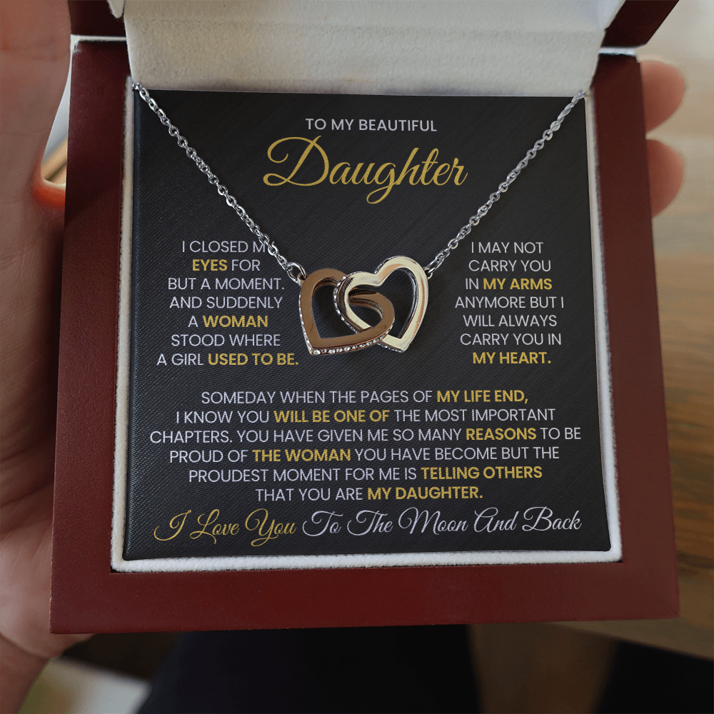 To My Beautiful Daughter - I Love You To The Moon And Back -Interlocking Hearts Necklace