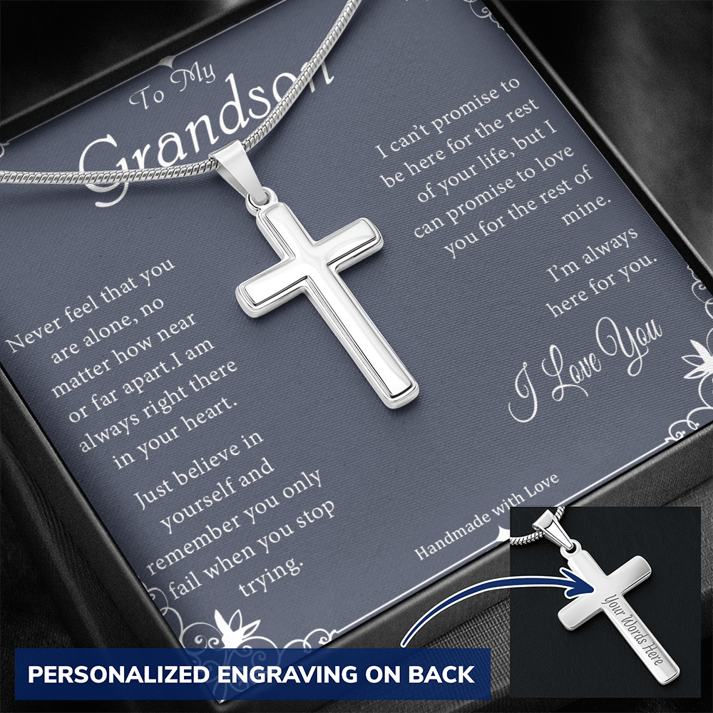 To My Grandson - Never Feel That You Are Alone - Personalized Cross Necklace