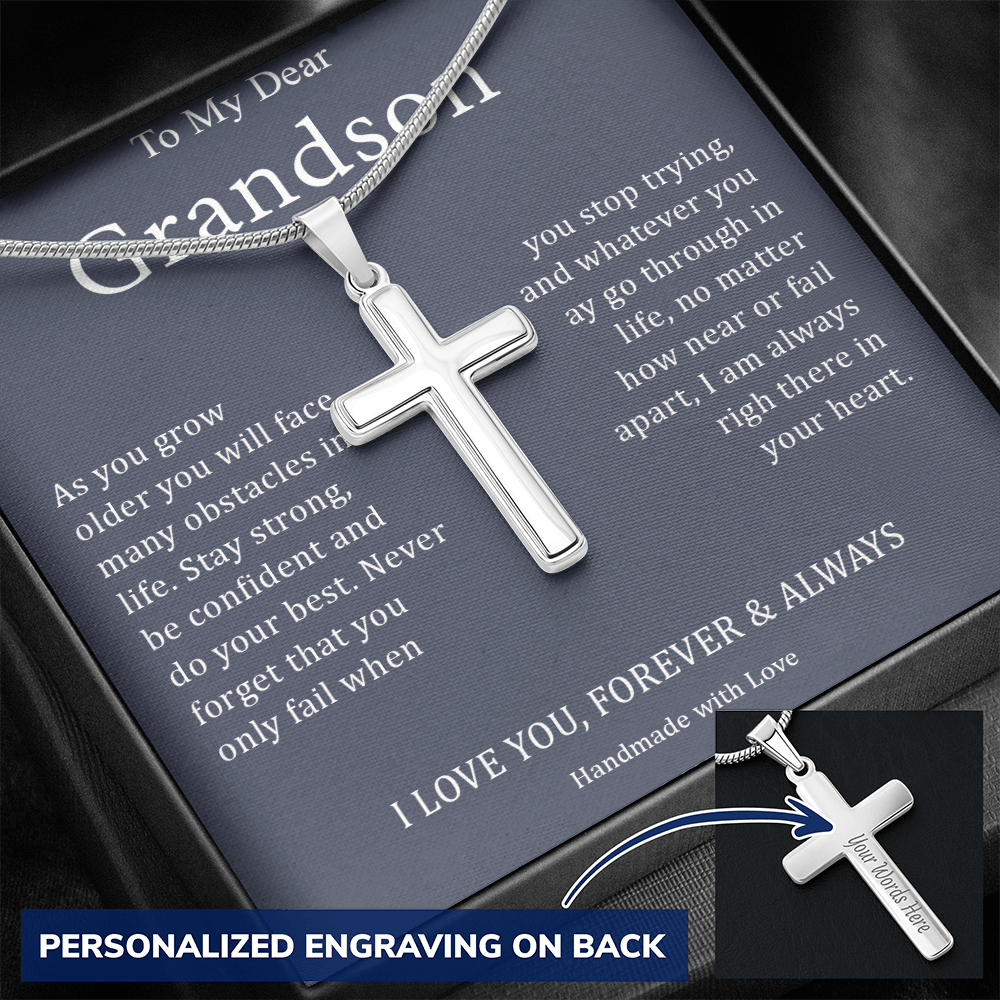 To My Dear Grandson - I Love You, Forever & Always - Personalized Cross Necklace