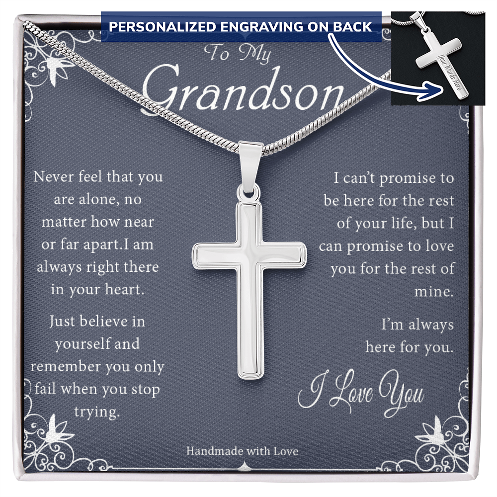 To My Grandson - Never Feel That You Are Alone - Personalized Cross Necklace