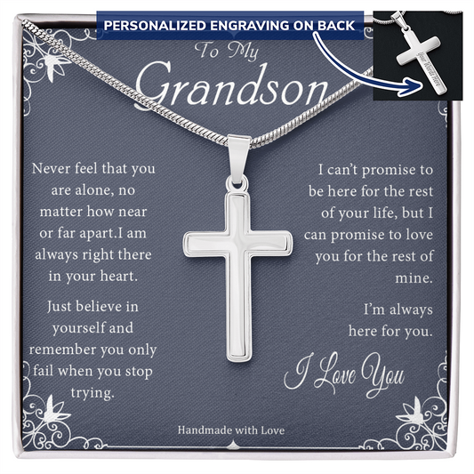 To My Grandson - Never Feel That You Are Alone - Personalized Cross Necklace