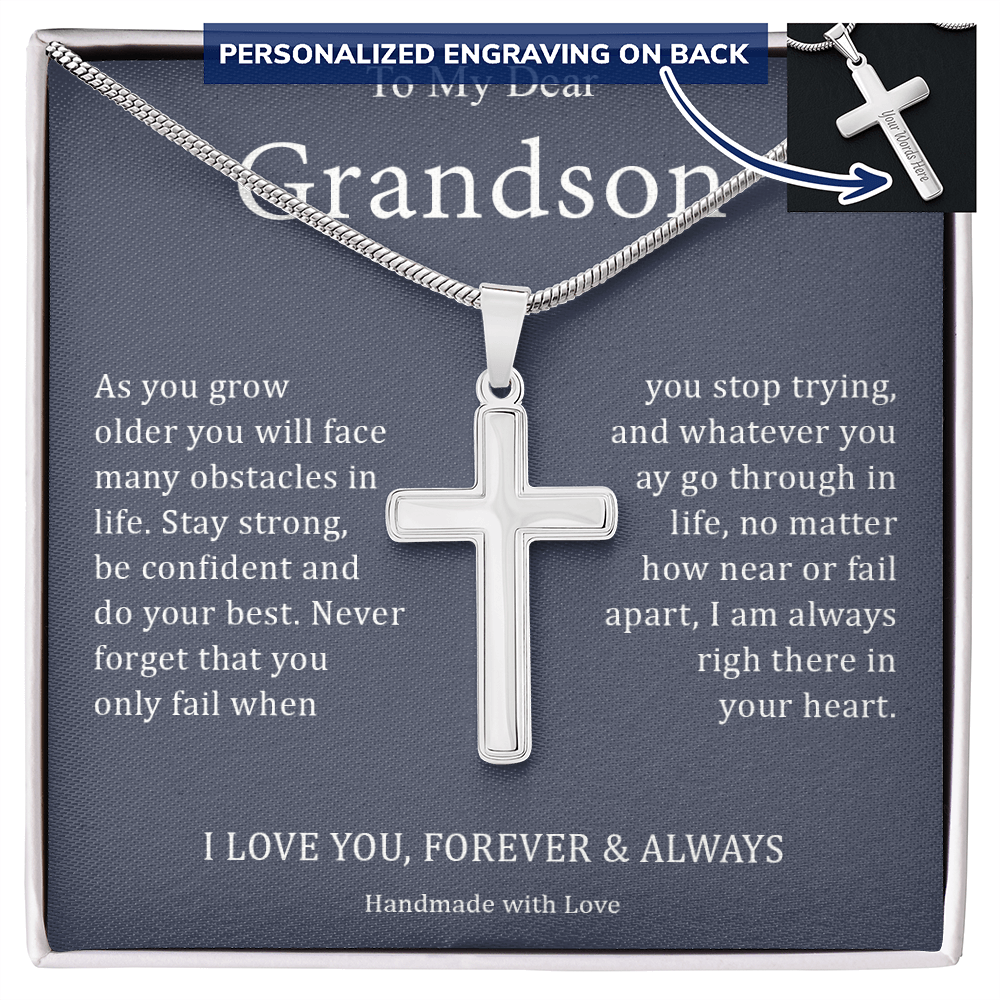 To My Dear Grandson - I Love You, Forever & Always - Personalized Cross Necklace