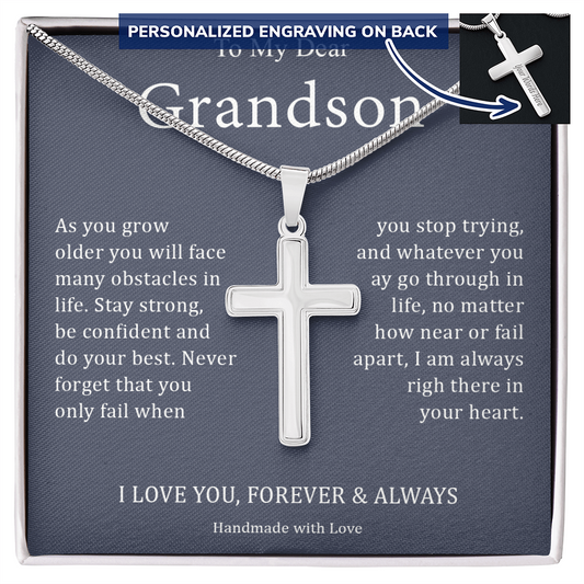 To My Dear Grandson - I Love You, Forever & Always - Personalized Cross Necklace