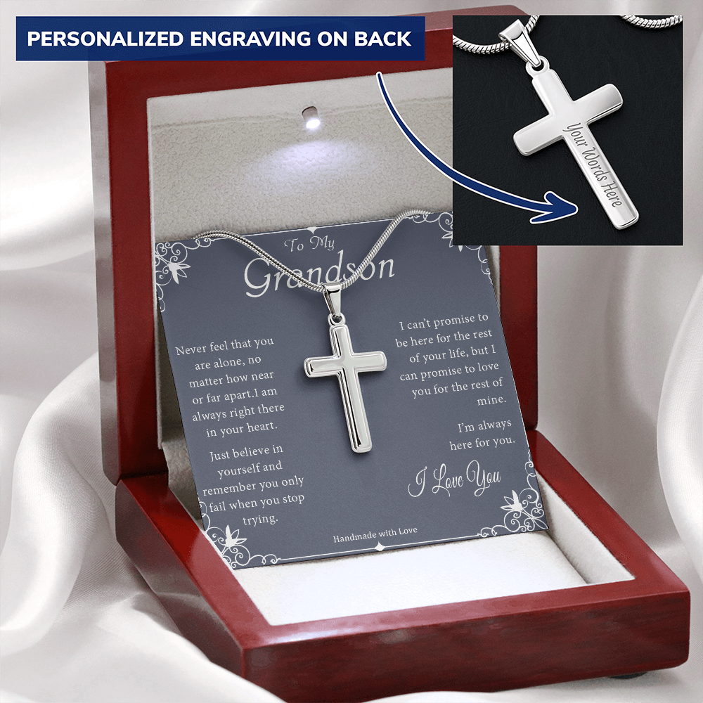 To My Grandson - Never Feel That You Are Alone - Personalized Cross Necklace