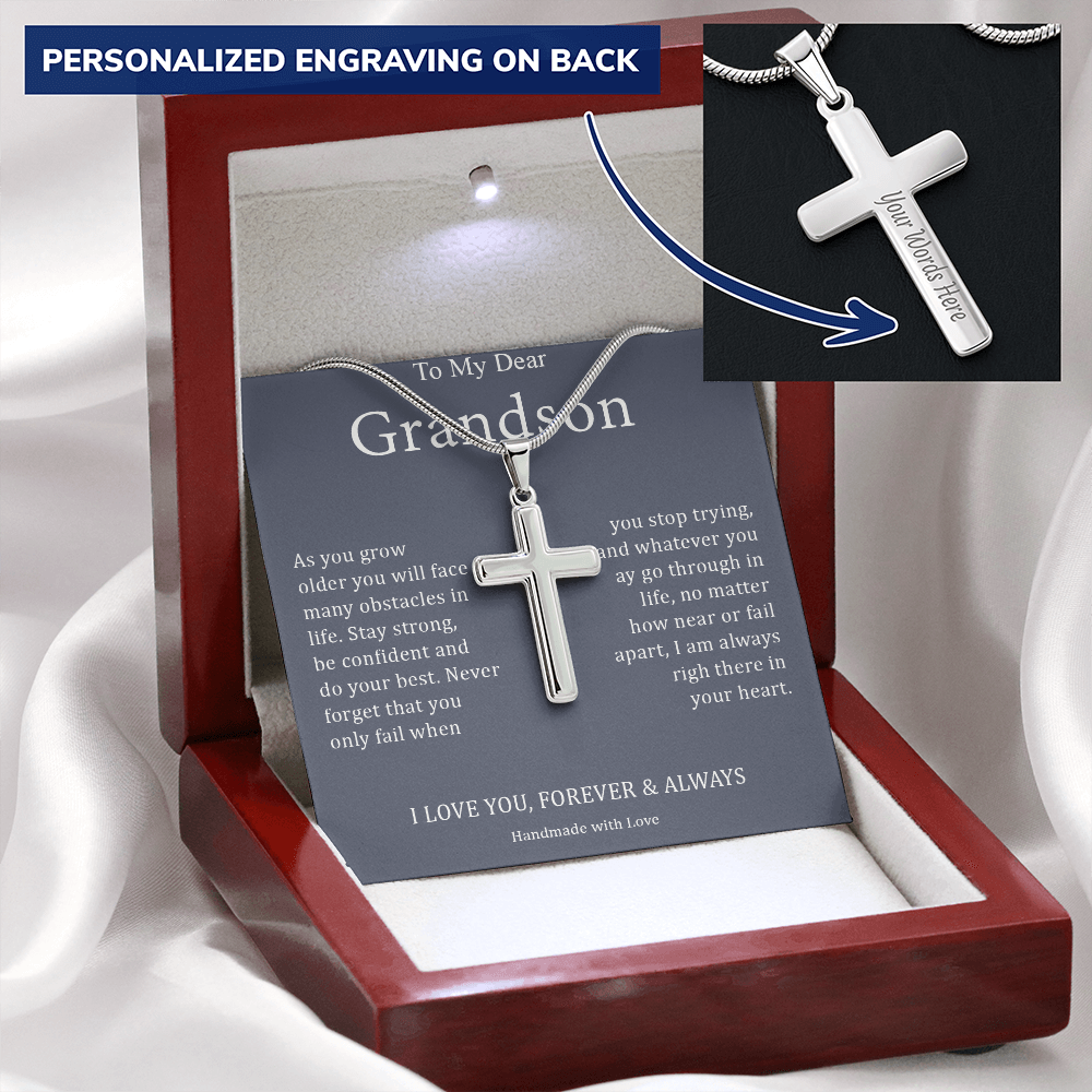 To My Dear Grandson - I Love You, Forever & Always - Personalized Cross Necklace