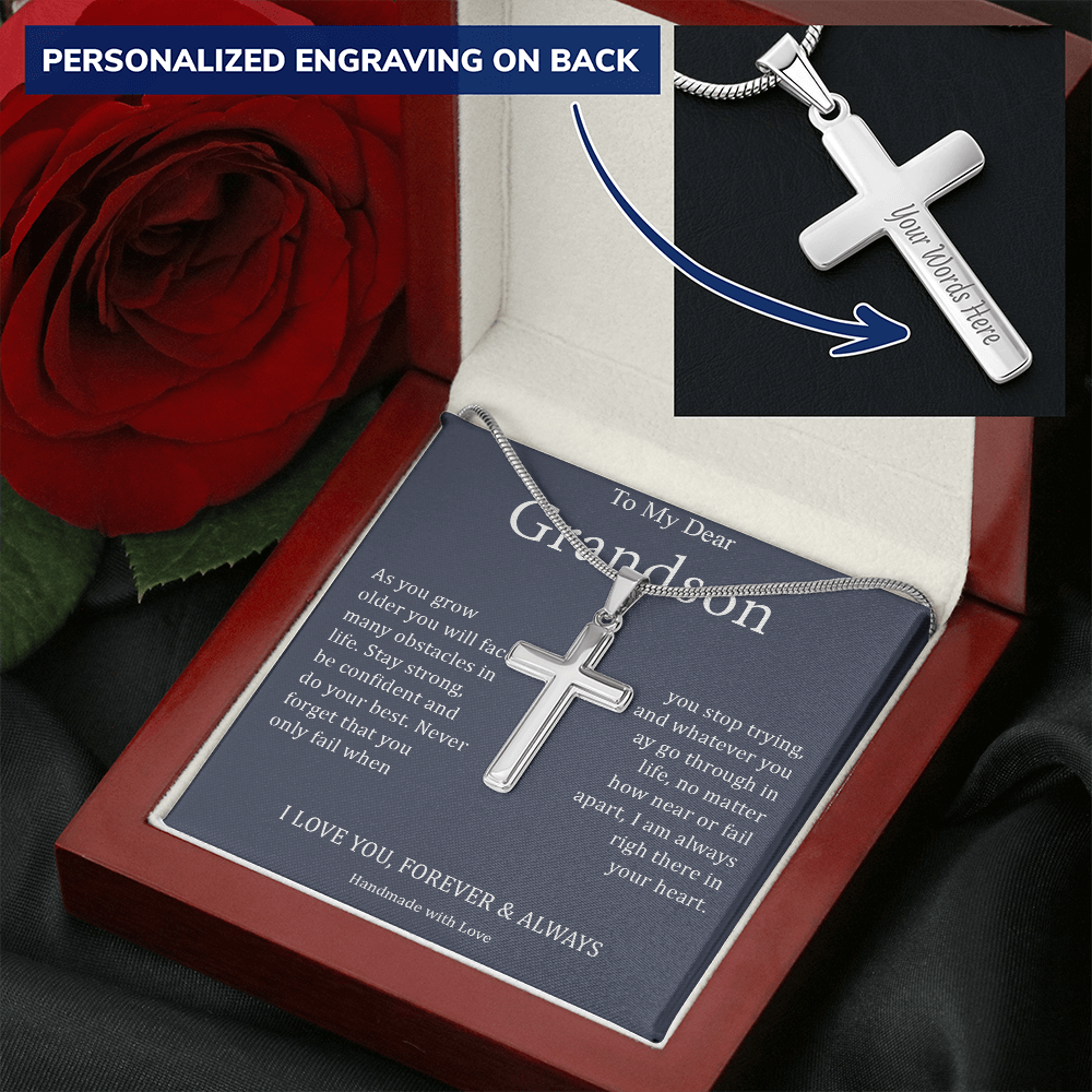 To My Dear Grandson - I Love You, Forever & Always - Personalized Cross Necklace