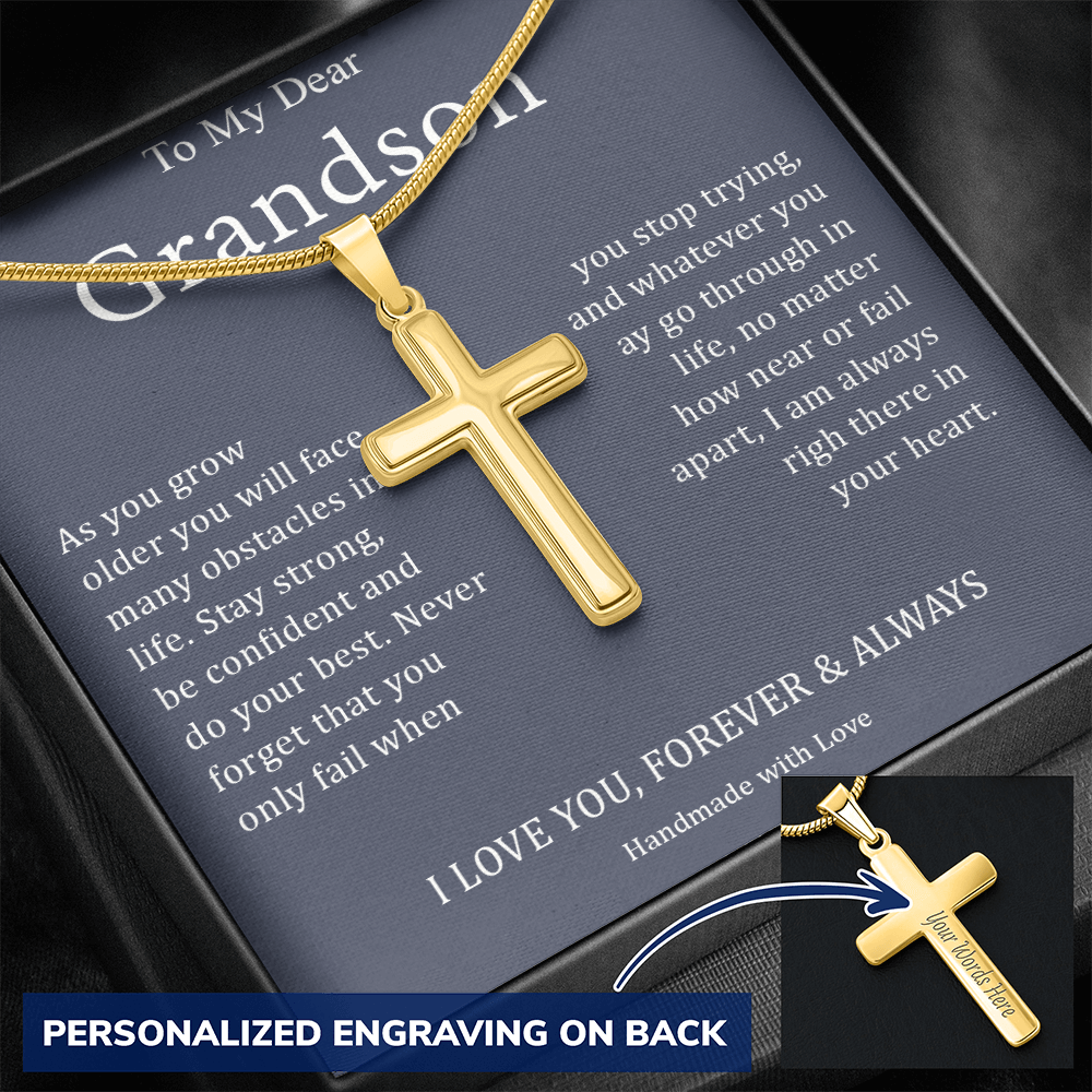 To My Dear Grandson - I Love You, Forever & Always - Personalized Cross Necklace