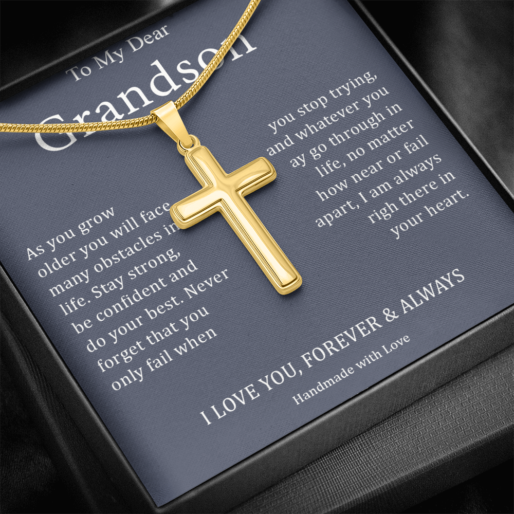 To My Dear Grandson - I Love You, Forever & Always - Personalized Cross Necklace