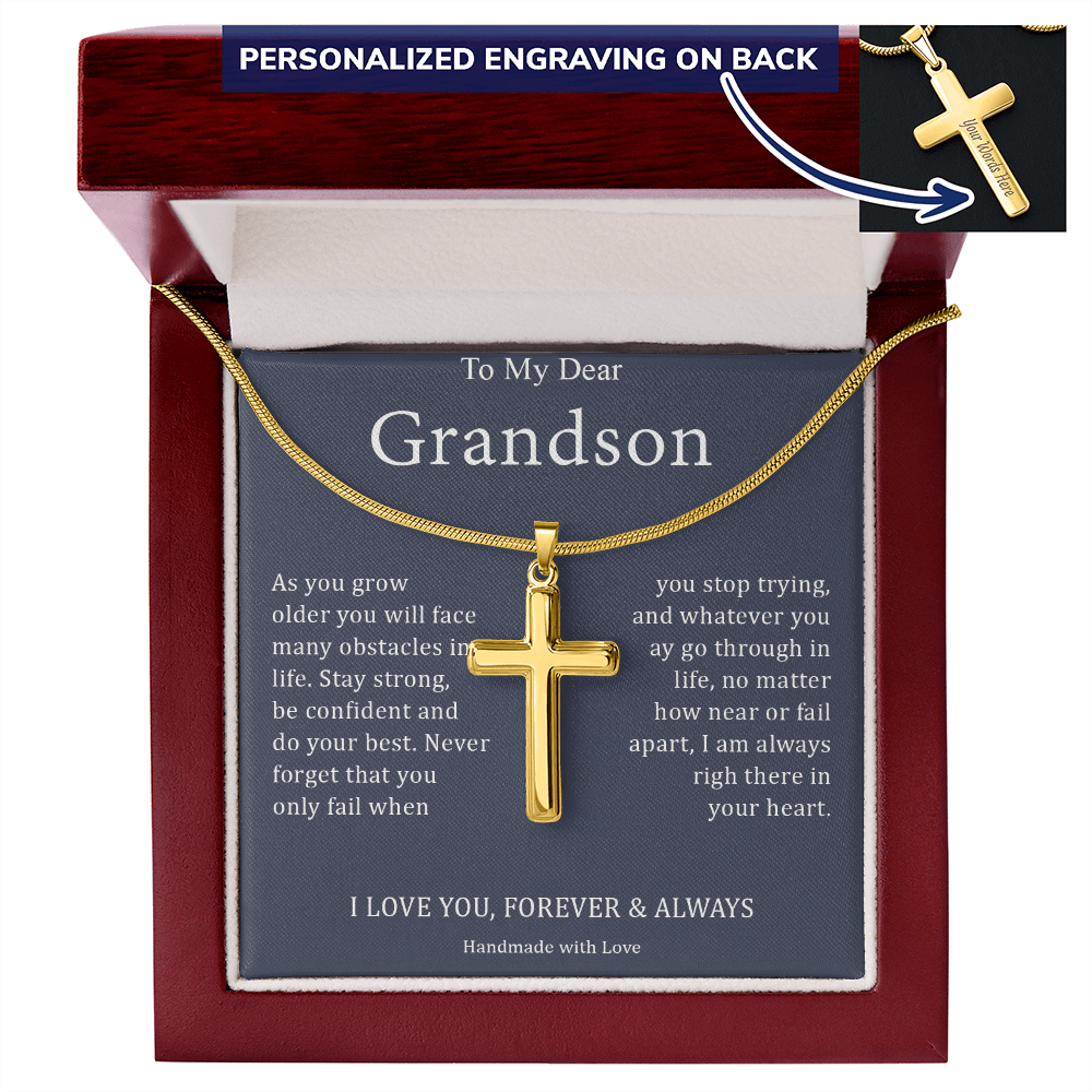 To My Dear Grandson - I Love You, Forever & Always - Personalized Cross Necklace