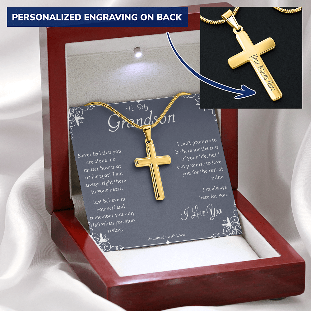 To My Grandson - Never Feel That You Are Alone - Personalized Cross Necklace