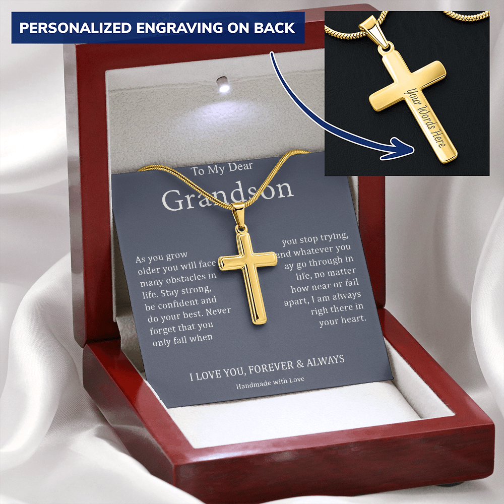 To My Dear Grandson - I Love You, Forever & Always - Personalized Cross Necklace